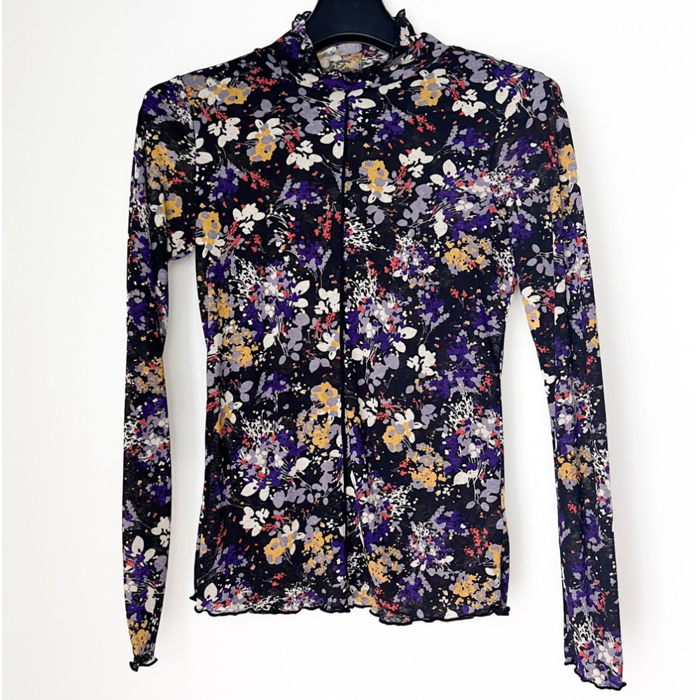 Daily Practice Anthropologie Sheer Mesh Floral Mock Neck Long Sleeve Top S Fairy